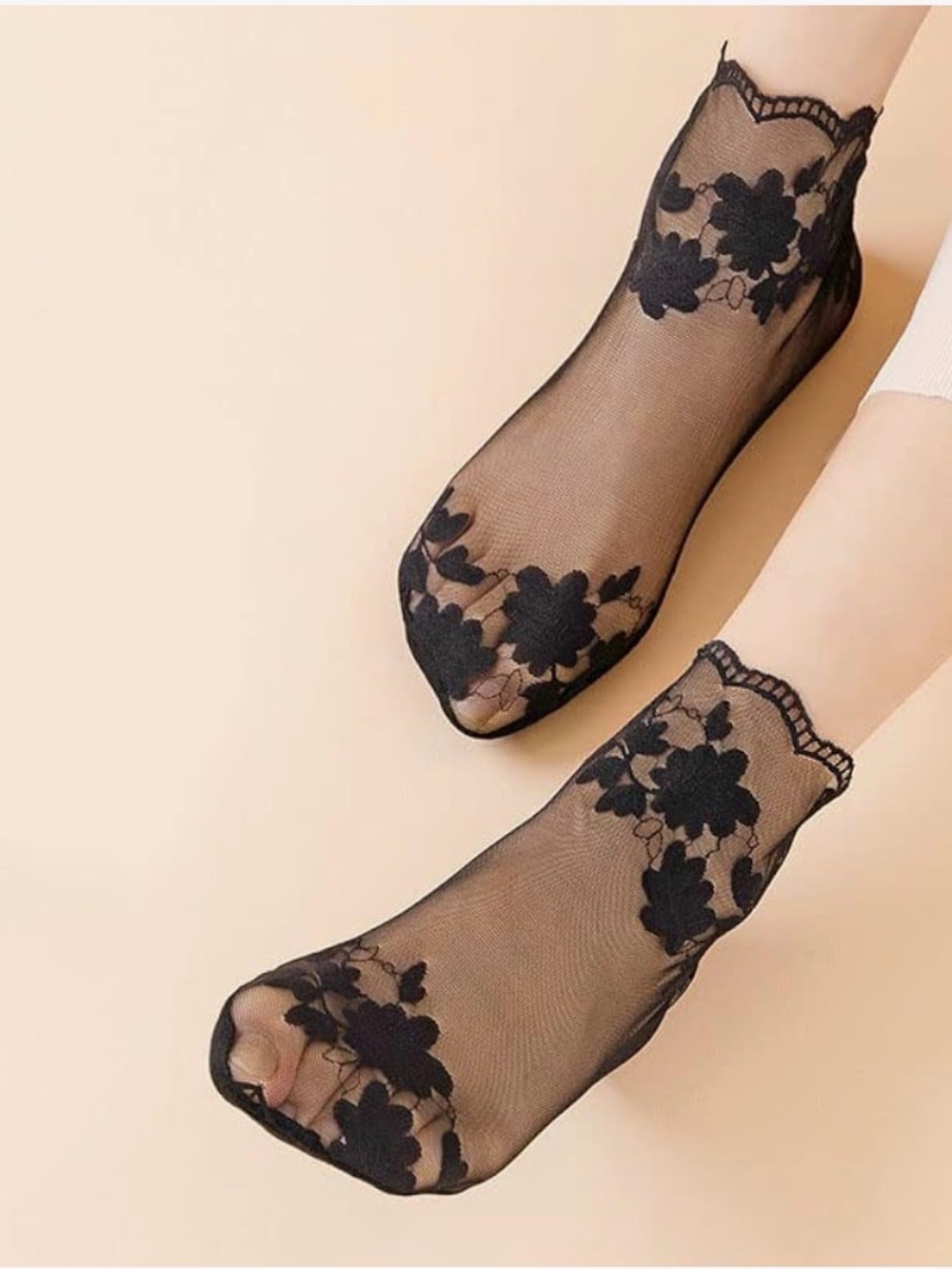 3 Pairs Black Sheer Floral Lace Ankle Socks Non-Slip Sole